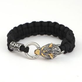 Norse Viking Mythology Stainless Steel Paracord Wolf Head Bracelet (Color: Picture color, size: 19CM)